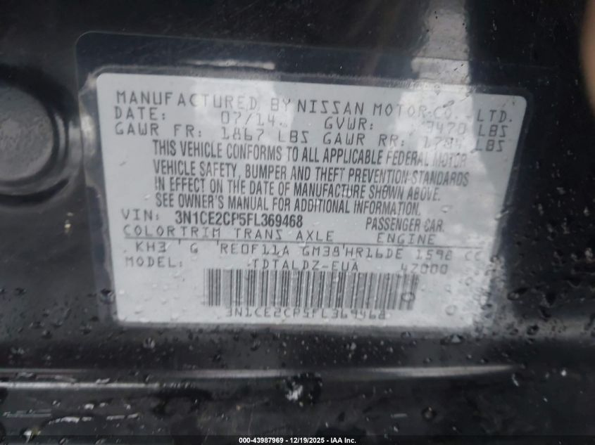 2015 Nissan Versa Note S (Sr)/S Plus/Sl/Sr/Sv VIN: 3N1CE2CP5FL369468 Lot: 43987969