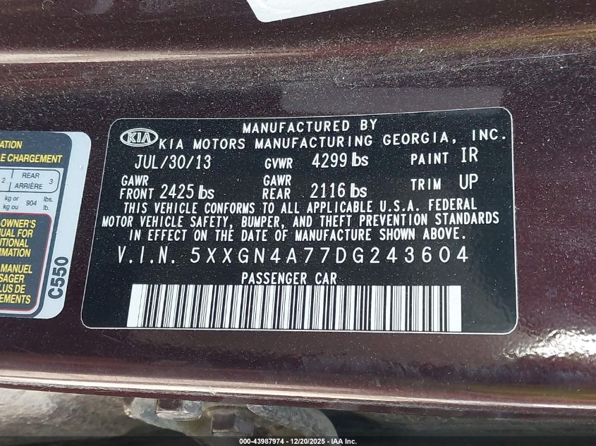 2013 Kia Optima Ex VIN: 5XXGN4A77DG243604 Lot: 43987974