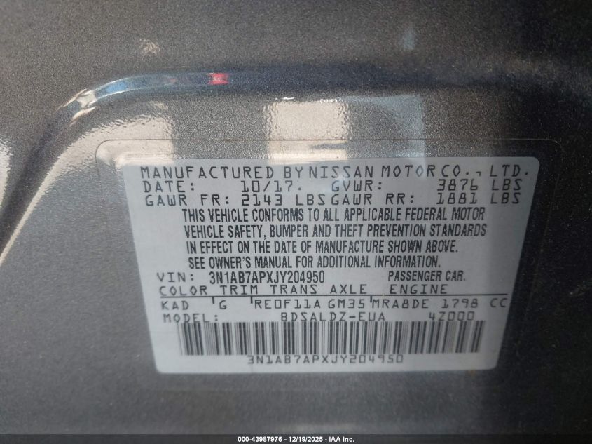 2018 Nissan Sentra Sv VIN: 3N1AB7APXJY204950 Lot: 43987976