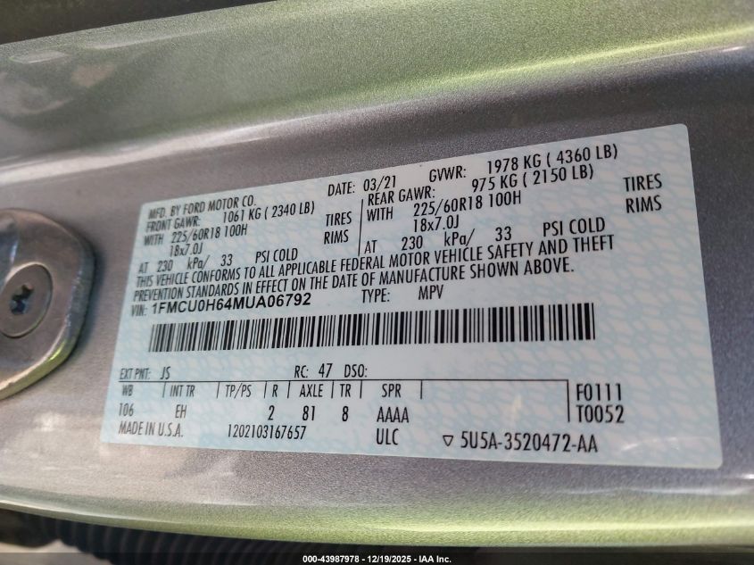 2021 Ford Escape Sel VIN: 1FMCU0H64MUA06792 Lot: 43987978