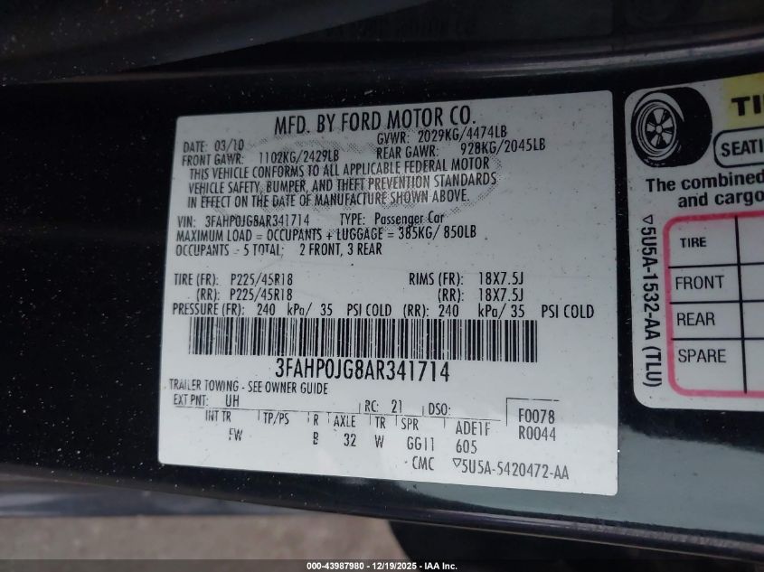 2010 Ford Fusion Sel VIN: 3FAHP0JG8AR341714 Lot: 43987980