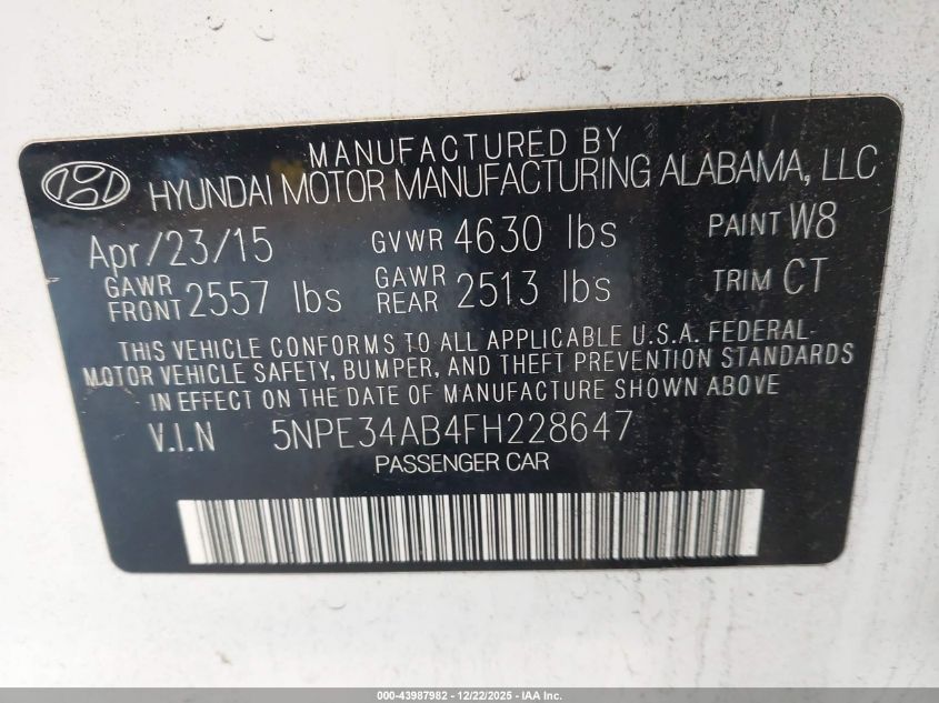 2015 Hyundai Sonata Sport 2.0T VIN: 5NPE34AB4FH228647 Lot: 43987982