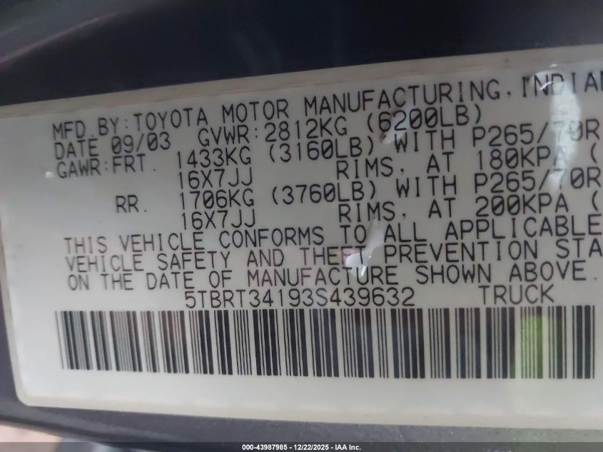 2003 Toyota Tundra Sr5 V8 VIN: 5TBRT34193S439632 Lot: 43987985