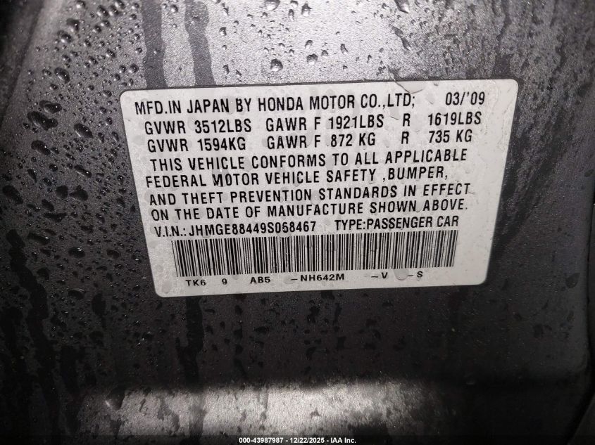 2009 Honda Fit Sport VIN: JHMGE88449S068467 Lot: 43987987