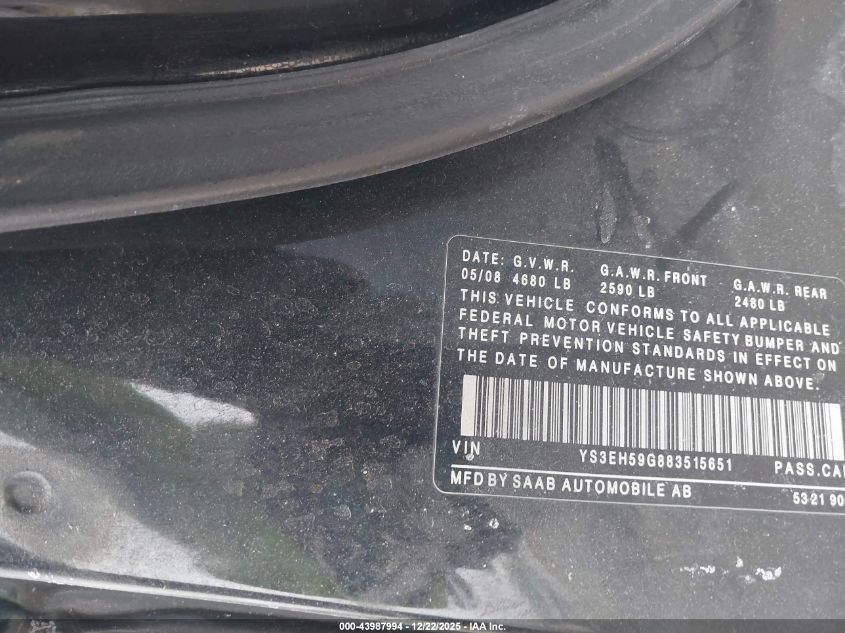 2008 Saab 9-5 Aero VIN: YS3EH59G883515651 Lot: 43987994