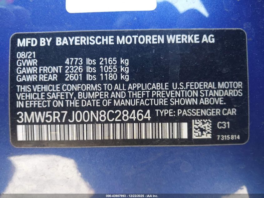 2022 BMW 330I xDrive VIN: 3MW5R7J00N8C28464 Lot: 43987993