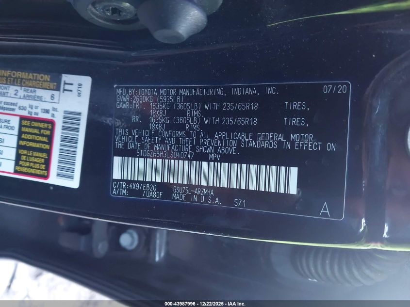 2020 Toyota Highlander Xle VIN: 5TDGZRBH3LS040747 Lot: 43987996