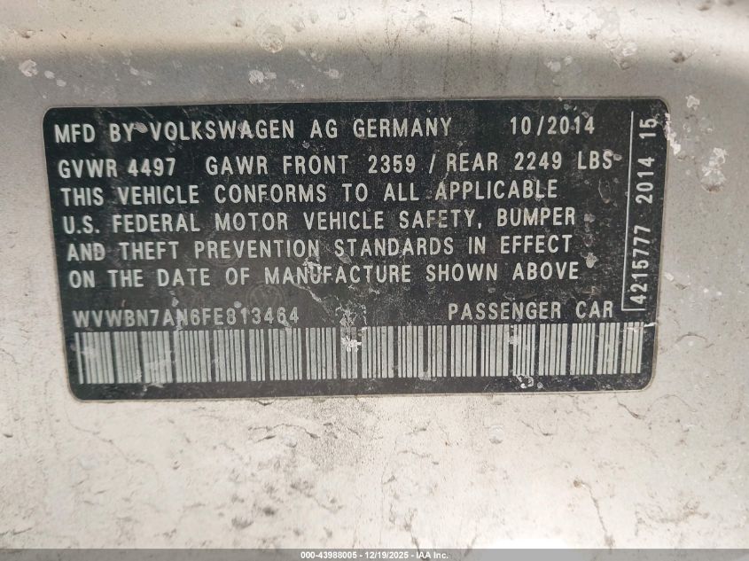 2015 Volkswagen Cc 2.0T R-Line VIN: WVWBN7AN6FE813464 Lot: 43988005