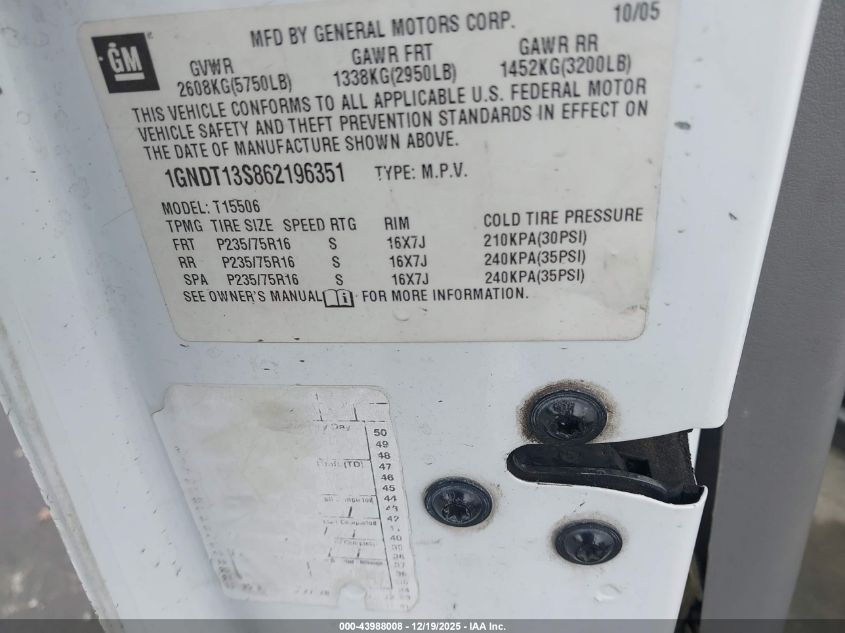 2006 Chevrolet Trailblazer Ls VIN: 1GNDT13S862196351 Lot: 43988008