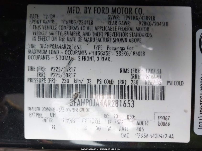 2010 Ford Fusion Sel VIN: 3FAHP0JA4AR281653 Lot: 43988010