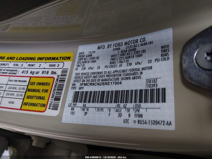 2025 Ford Bronco Sport Outer Banks VIN: 3FMCR9CN2SRE17004 Lot: 43988012