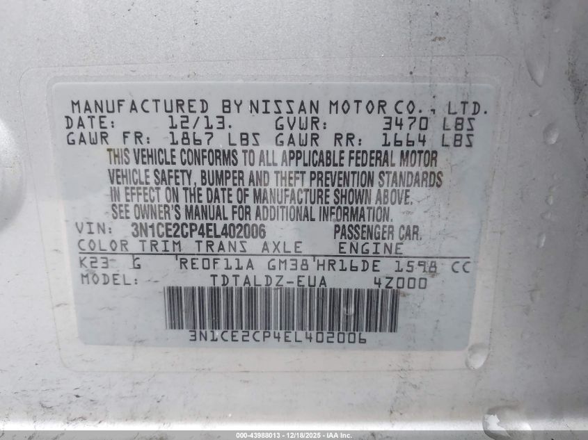 2014 Nissan Versa Note S (Sr)/S Plus/Sv VIN: 3N1CE2CP4EL402006 Lot: 43988013