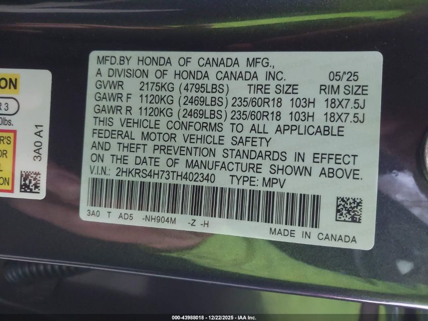 2026 Honda Cr-V Ex-L Awd VIN: 2HKRS4H73TH402340 Lot: 43988018