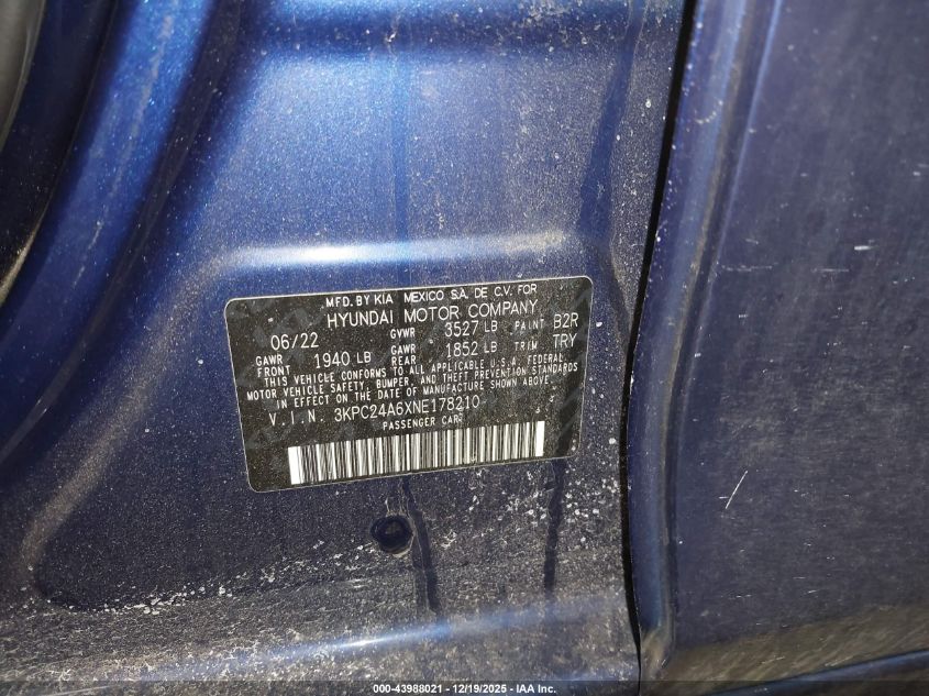 2022 Hyundai Accent Sel VIN: 3KPC24A6XNE178210 Lot: 43988021