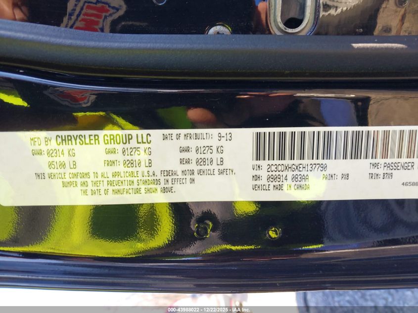 2014 Dodge Charger Sxt VIN: 2C3CDXHGXEH137790 Lot: 43988022