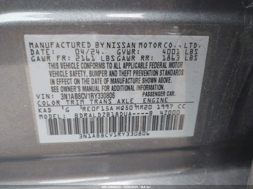 VIN 3N1AB8CV1RY330806 2024 NISSAN SENTRA SV XTRONIC CVT