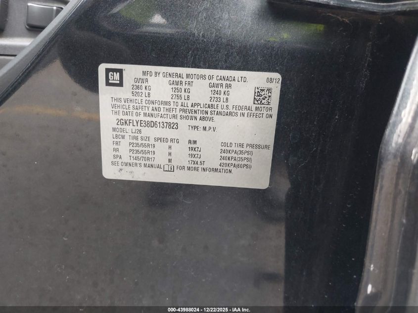 2013 GMC Terrain Denali VIN: 2GKFLYE38D6137823 Lot: 43988024