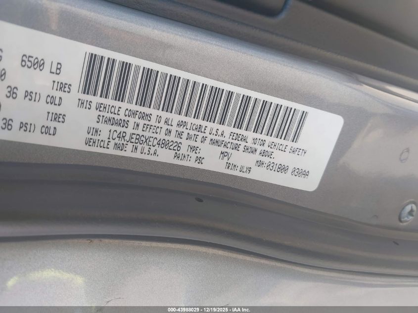 2014 Jeep Grand Cherokee Limited VIN: 1C4RJEBGXEC480226 Lot: 43988029