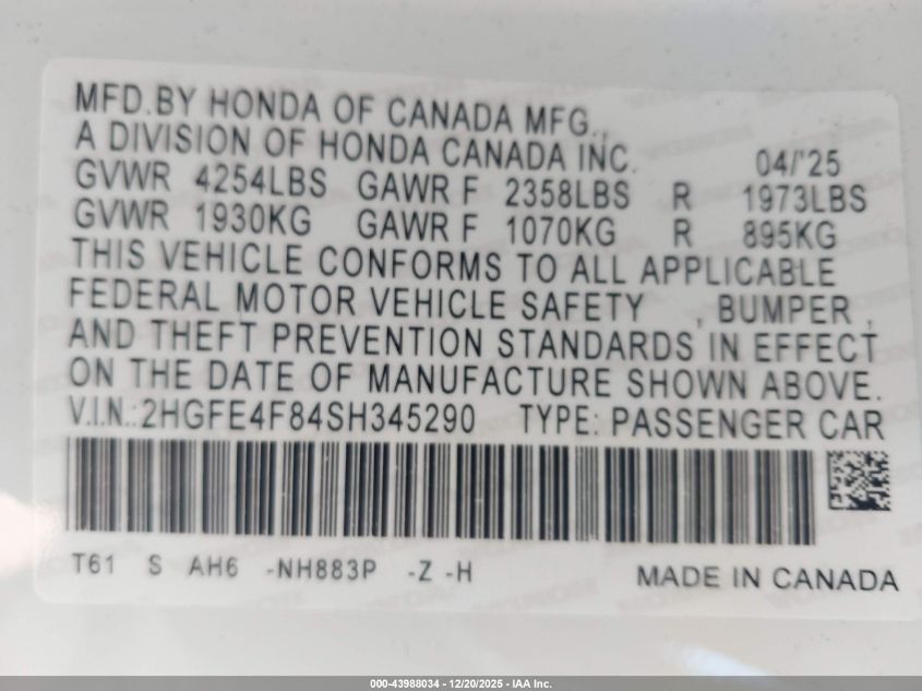 2025 Honda Civic Hybrid Sport/Sport Touring VIN: 2HGFE4F84SH345290 Lot: 43988034