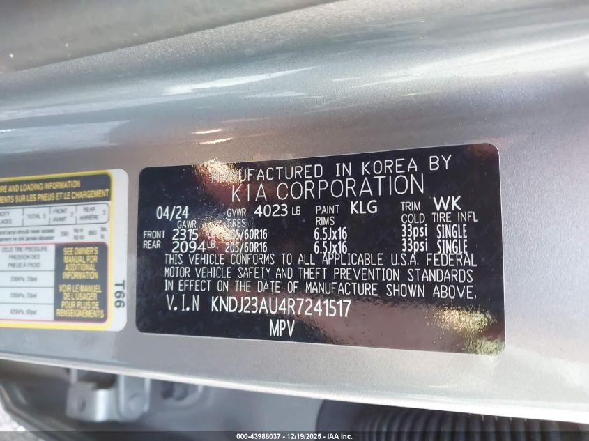 2024 Kia Soul Lx VIN: KNDJ23AU4R7241517 Lot: 43988037