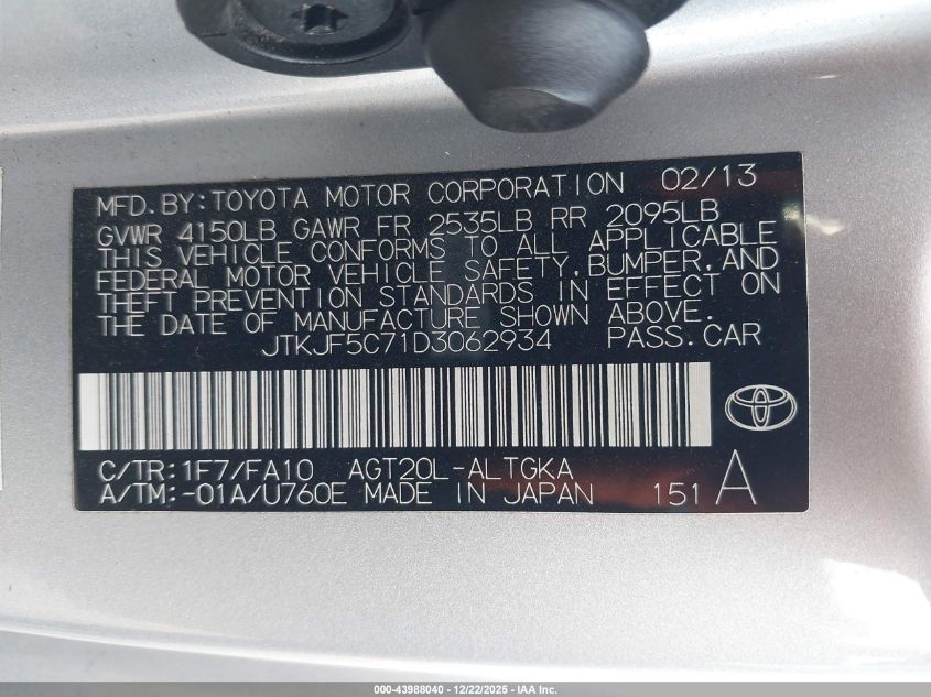 2013 Scion Tc VIN: JTKJF5C71D3062934 Lot: 43988040