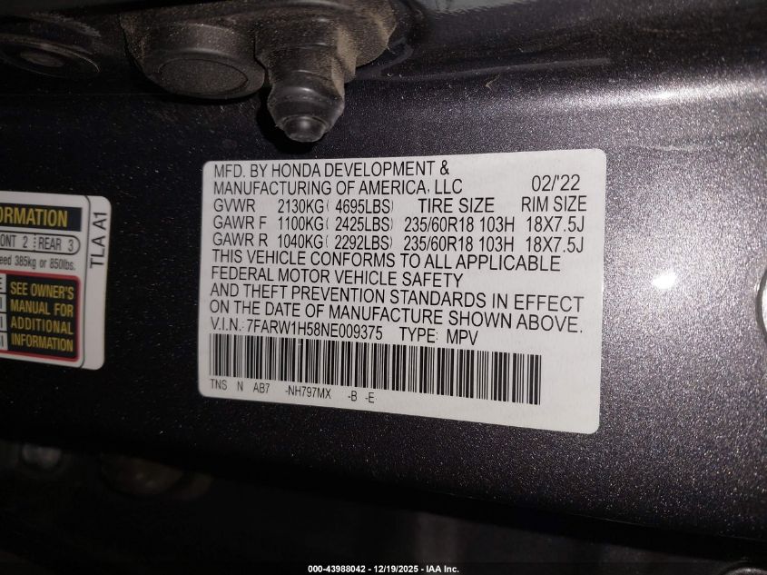 2022 Honda Cr-V 2Wd Ex VIN: 7FARW1H58NE009375 Lot: 43988042
