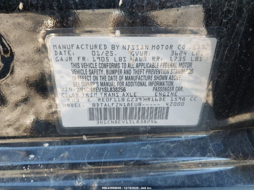 2025 Nissan Versa 1.6 Sv VIN: 3N1CN8EV1SL838256 Lot: 43988046