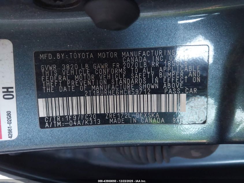 2017 Toyota Corolla Se VIN: 2T1BURHE6HC859712 Lot: 43988050