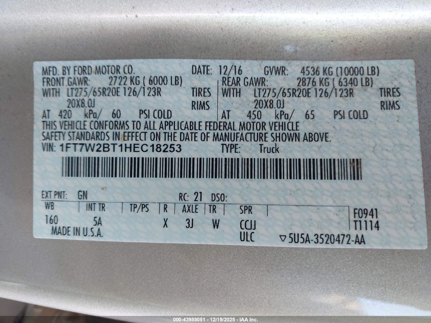 2017 Ford F-250 Lariat VIN: 1FT7W2BT1HEC18253 Lot: 43988051