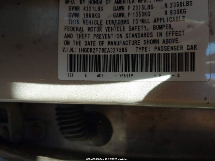 2014 Honda Accord Ex VIN: 1HGCR2F78EA027565 Lot: 43988054