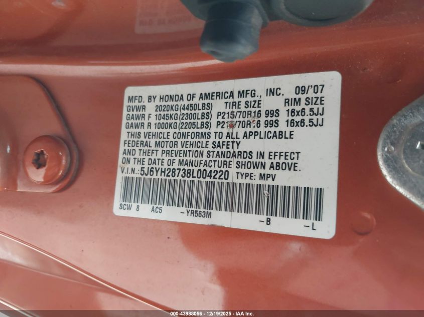 2008 Honda Element Ex VIN: 5J6YH28738L004220 Lot: 43988056