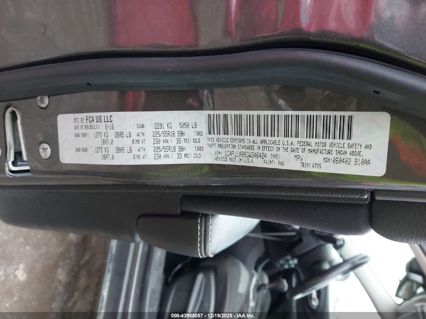 2016 Jeep Cherokee Altitude VIN: 1C4PJLAB9GW346424 Lot: 43988057