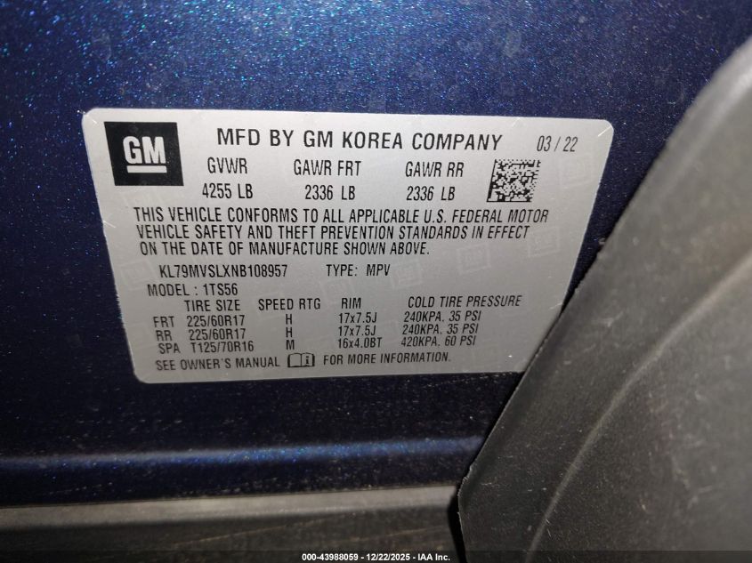 2022 Chevrolet Trailblazer Fwd Activ VIN: KL79MVSLXNB108957 Lot: 43988059