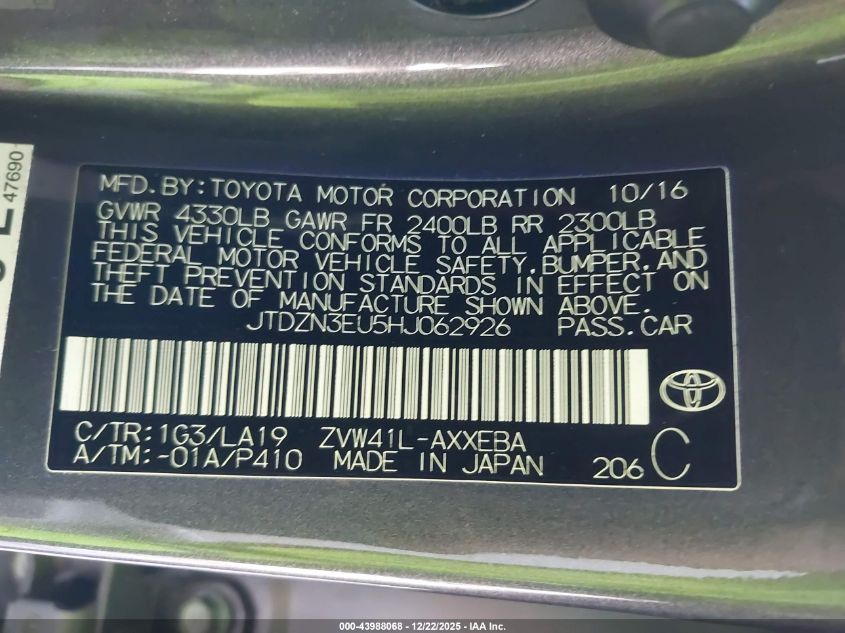 2017 Toyota Prius V Five VIN: JTDZN3EU5HJ062926 Lot: 43988068