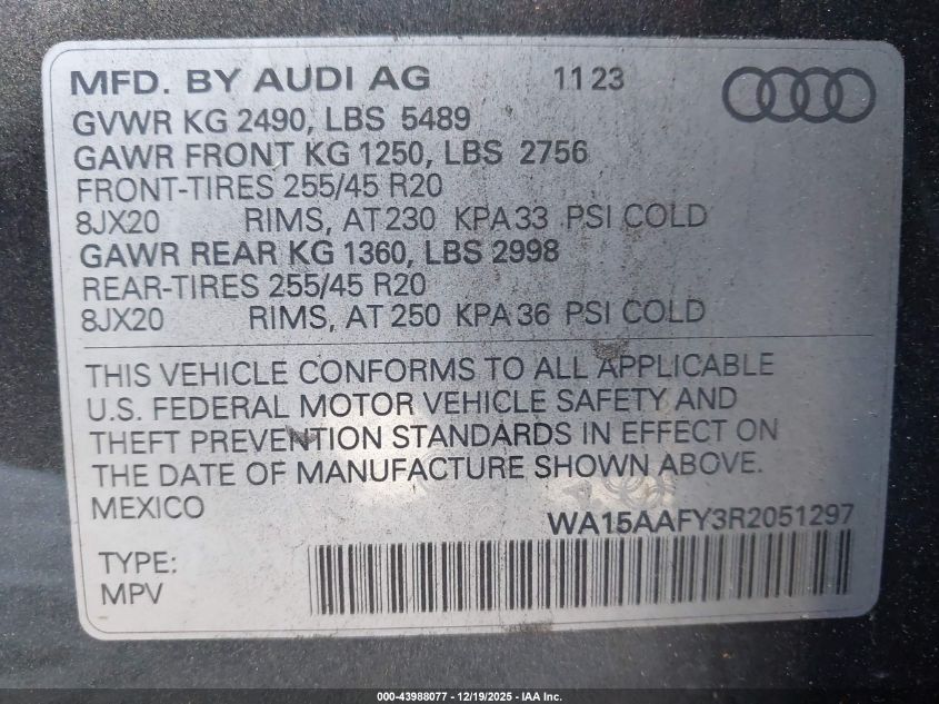 2024 Audi Q5 Sportback Premium Plus 45 Tfsi S Line Quattro S Tronic VIN: WA15AAFY3R2051297 Lot: 43988077