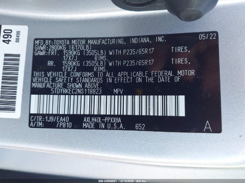 2022 Toyota Sienna Xle VIN: 5TDYRKEC2NS118823 Lot: 43988081