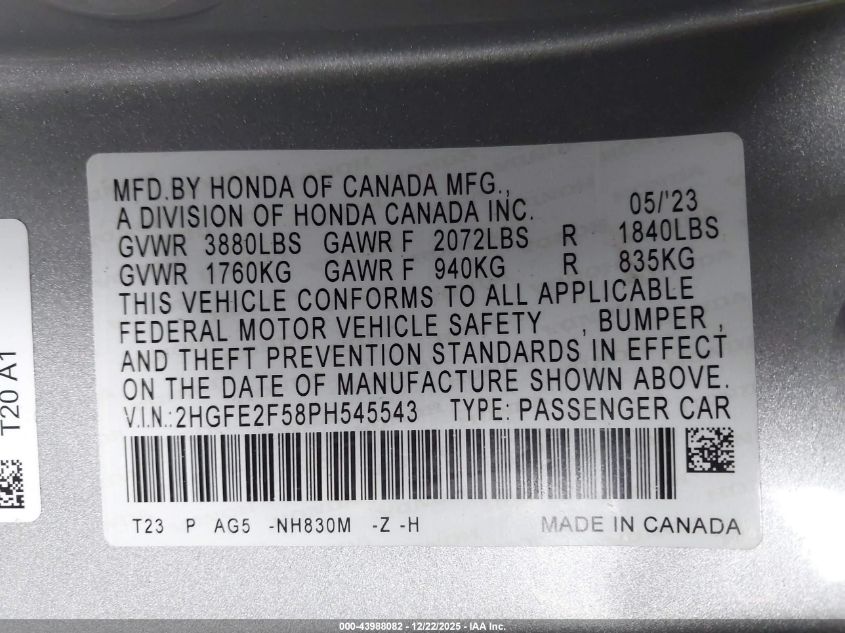 2023 Honda Civic Sport VIN: 2HGFE2F58PH545543 Lot: 43988082