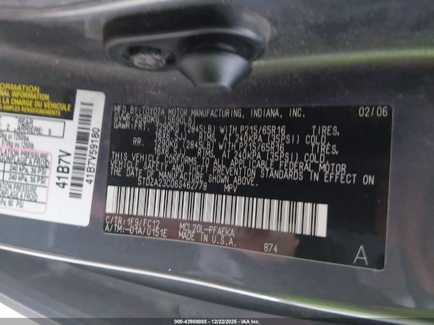 2006 Toyota Sienna Le VIN: 5TDZA23C06S462778 Lot: 43988085