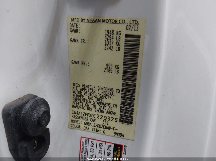 2013 Nissan Altima 2.5 S VIN: 1N4AL2EPXDC229325 Lot: 43988088