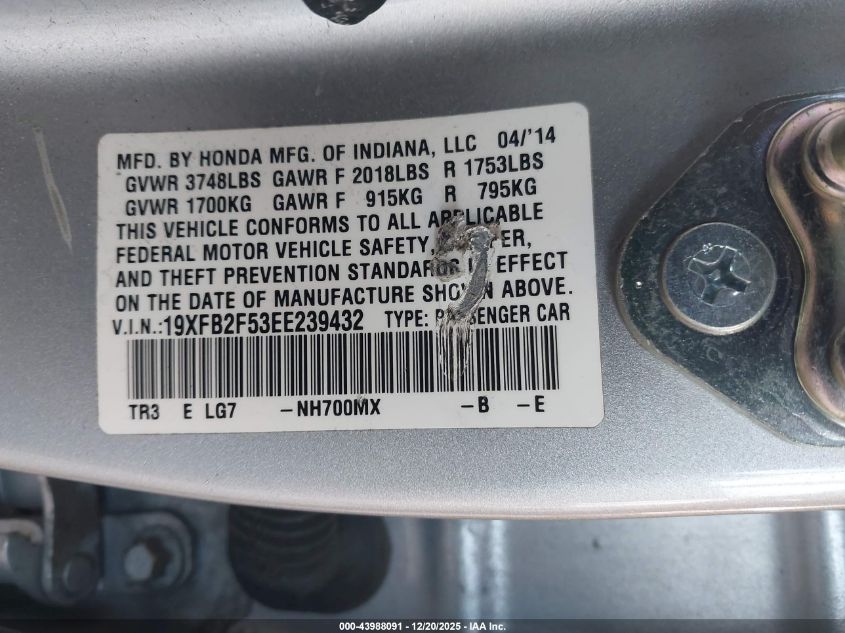 2014 Honda Civic Lx VIN: 19XFB2F53EE239432 Lot: 43988091