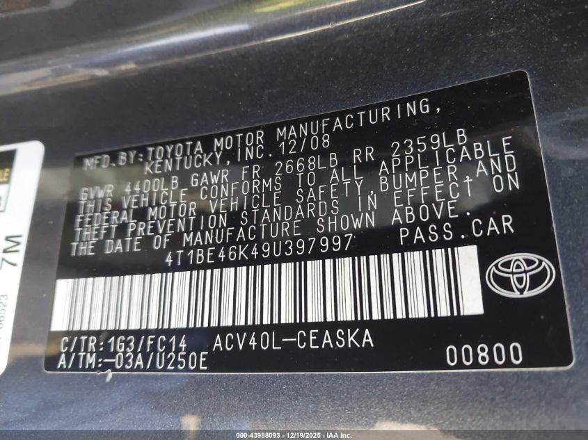 2009 Toyota Camry Se VIN: 4T1BE46K49U397997 Lot: 43988093