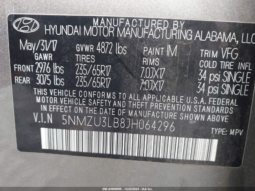 2018 Hyundai Santa Fe Sport 2.4L VIN: 5NMZU3LB8JH064296 Lot: 43988095