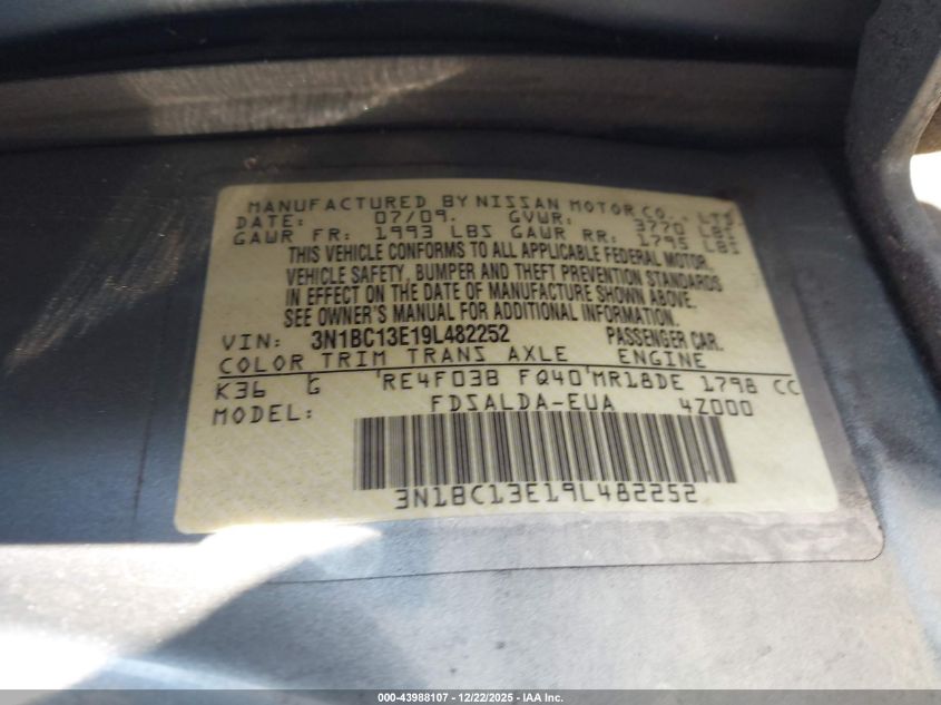 2009 Nissan Versa 1.8S VIN: 3N1BC13E19L482252 Lot: 43988107