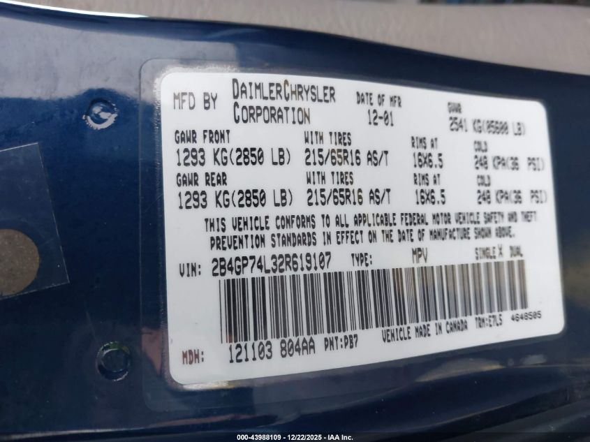 2002 Dodge Grand Caravan Ex VIN: 2B4GP74L32R619107 Lot: 43988109