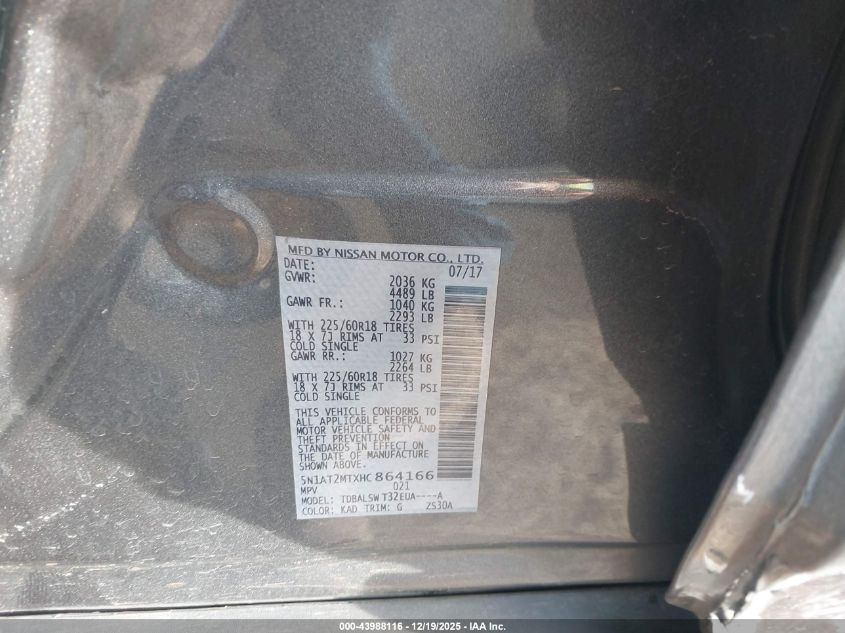 2017 Nissan Rogue Sl VIN: 5N1AT2MTXHC864166 Lot: 43988116