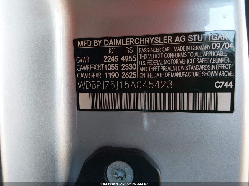 2005 Mercedes-Benz Cl 500 VIN: WDBPJ75J15A045423 Lot: 43988120