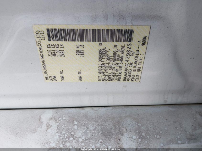 2016 Nissan Maxima 3.5 Platinum VIN: 1N4AA6AP1GC429825 Lot: 43988123