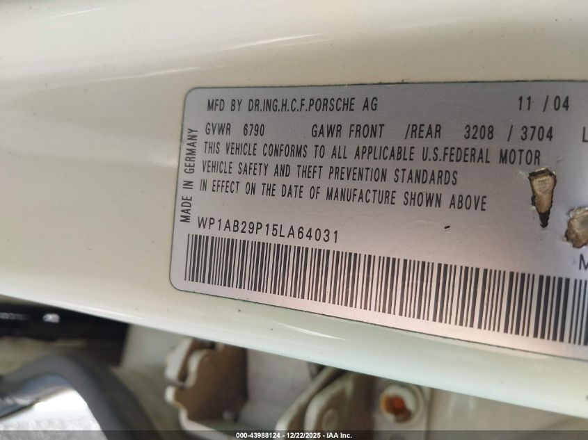 2005 Porsche Cayenne S VIN: WP1AB29P15LA64031 Lot: 43988124