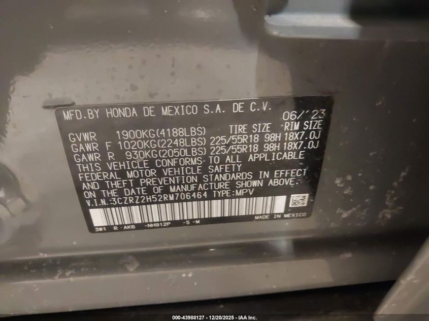 2024 Honda Hr-V Awd Sport/Awd Sport W/O Bsi VIN: 3CZRZ2H52RM706464 Lot: 43988127