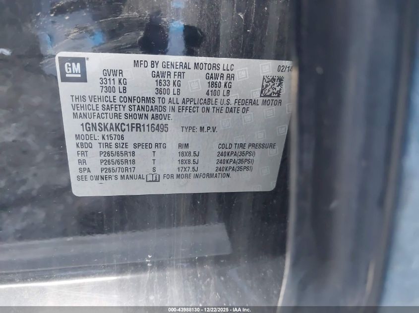 2015 Chevrolet Tahoe Ls VIN: 1GNSKAKC1FR116495 Lot: 43988130